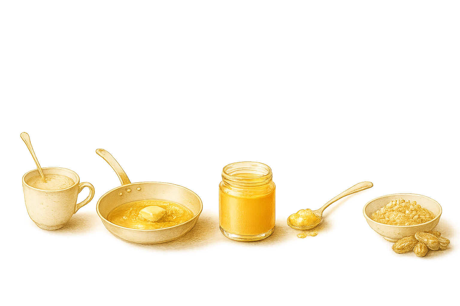 gold illustration of a cup, pan, jar, spoon and bowl on parchment