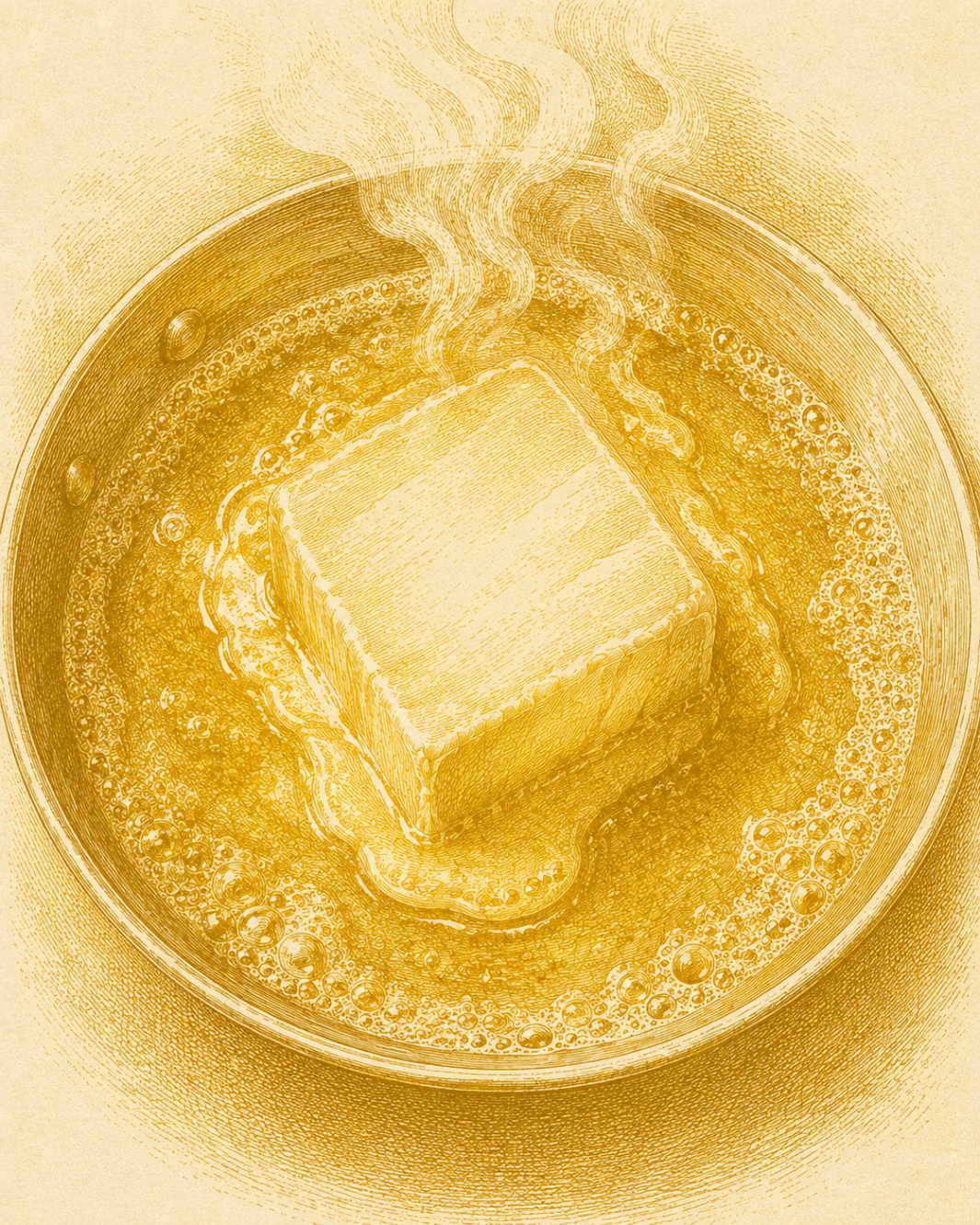 gold illustration of butter melting in a pan on parchment