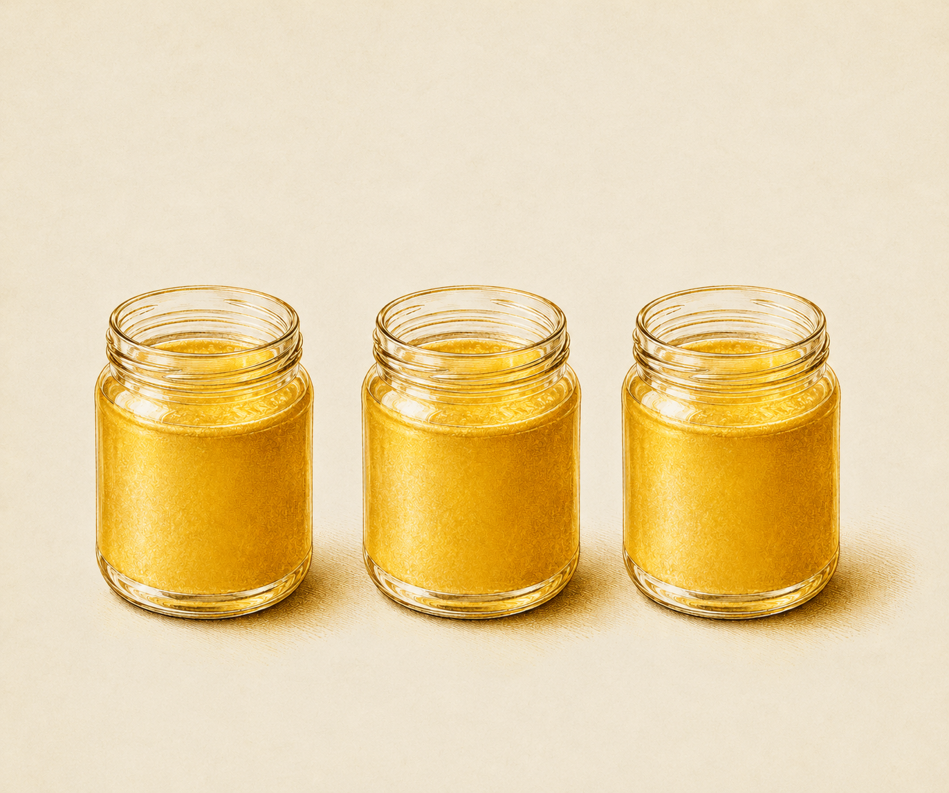 three glass jars of golden ghee on parchment