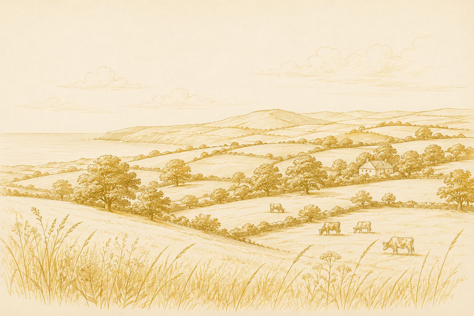 gold illustration of soft rolling pastureland on parchment