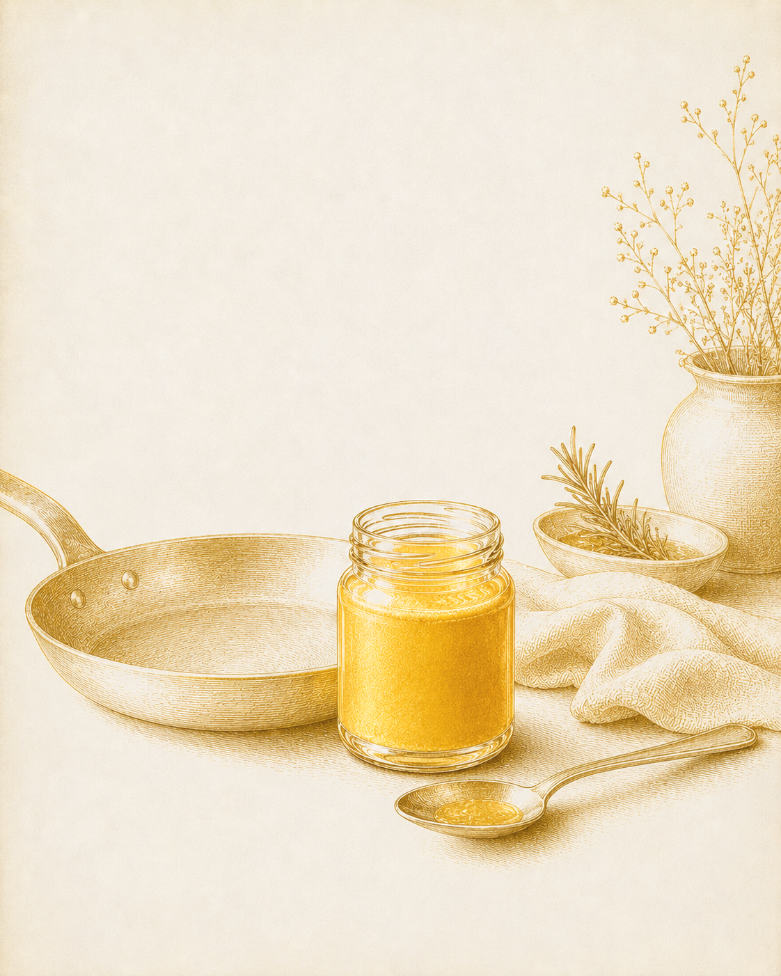 gold illustration of a jar beside a pan and spoon on parchment